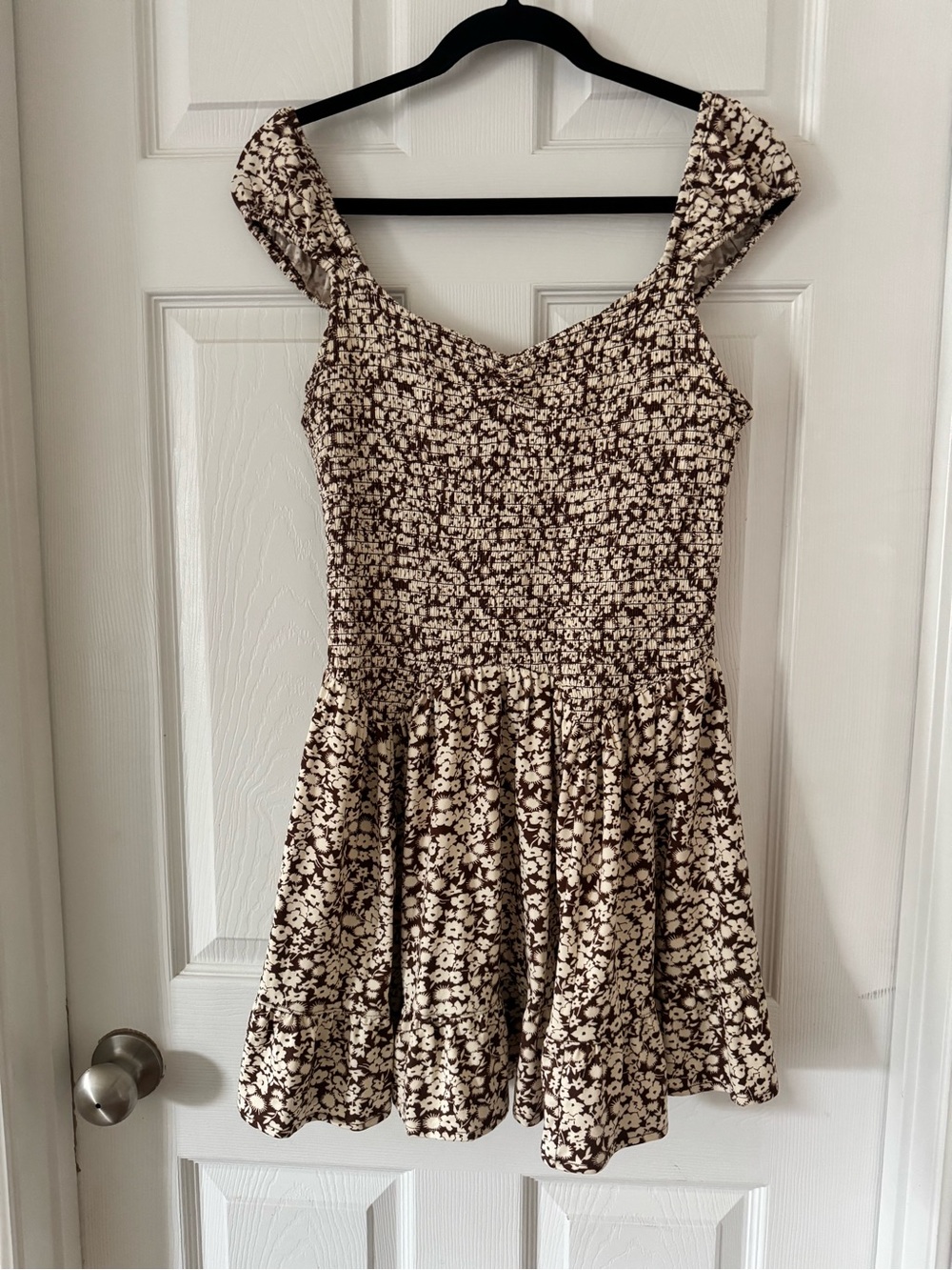 Urban Outfitters Cream and Brown Floral Smocked Mini Dress